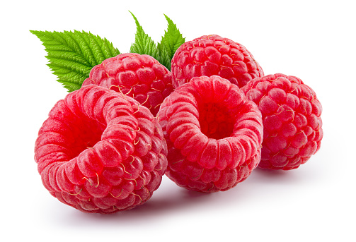 Raspberry isolated. Raspberries with green leaf isolate. Raspberry with leaves on white background. With clipping path. Full depth of field.