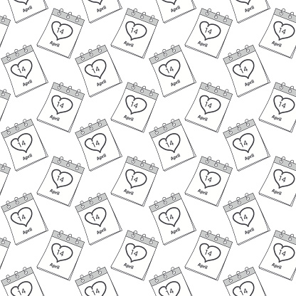 Seamless pattern Calendar page 14 April Black Day date and heart shaped stroke by hand in grayscale. Isolate. EPS. Vector concept for cards, posters, banner, brochures, billboards or web, label, tag