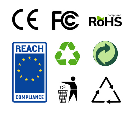 Compliance Recycling Symbols. Certification CE environment waste sign set.