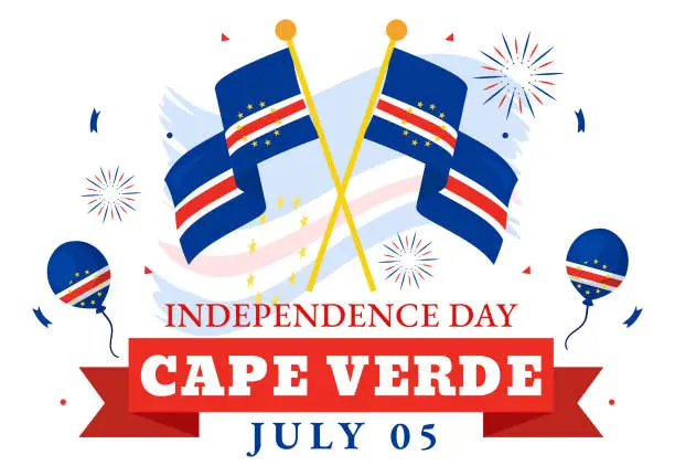 Vector illustration of Happy Cape Verde Independence Day Vector Illustration on July 5 with Waving Flag and Ribbon in National Holiday Flat Cartoon Background