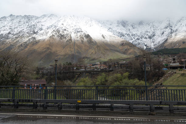 The Mountain along the way to Kazbergi. Beautiful view of the city of Mtskheta. stock photo