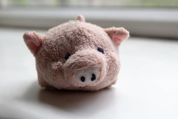 Toy pink plush pig standing on the windowsill shot close up