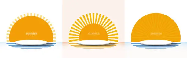 Vector illustration of Set of pedestal with sun on blue and yellow stripe background. Stage platform for summer display product, show, sale. Abstract backdrop. Minimal creative design. Summer background. Vector illustration