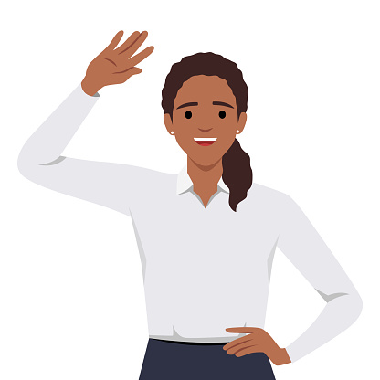 young good looking woman doing greet pose and say hi. Flat vector illustration isolated on white background