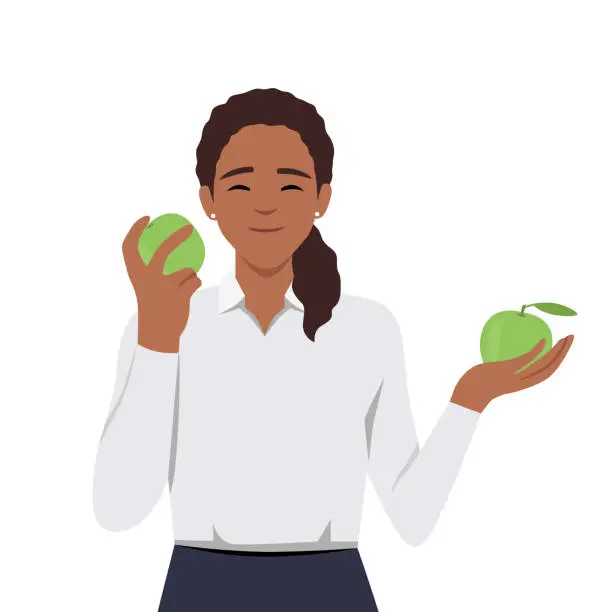 Vector illustration of Health, vegan, fruit set concept. Young merry, cheerful woman wants to be healthy. Happy contented girl likes eco food very much. Each vegan and vegetarian prefers eating fruits