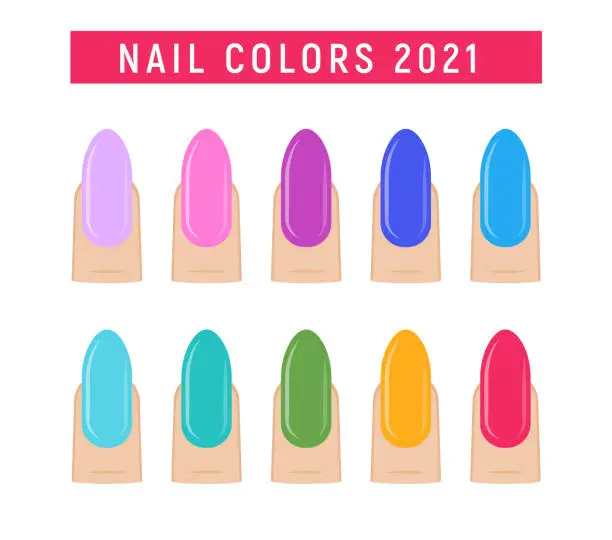 Vector illustration of Nail art colors 2021 manicure salon vector finger. Color nails perfect poster isolated