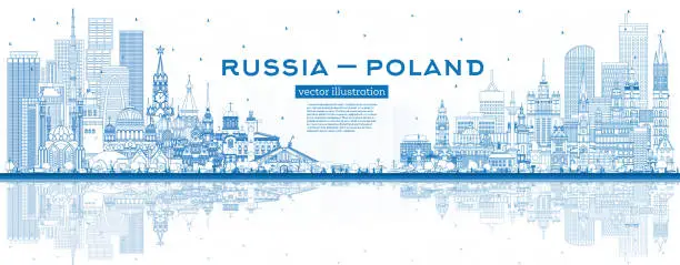 Vector illustration of Outline Russia and Poland skyline with blue buildings and reflections. Famous landmarks. Poland and Russia concept. Diplomatic relations between countries.