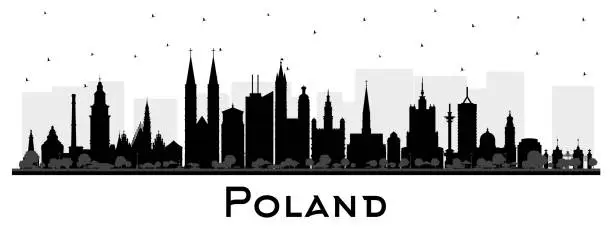 Vector illustration of Poland City Skyline silhouette with black Buildings isolated on white. Concept with Modern Architecture. Poland Cityscape with Landmarks. Warsaw. Krakow. Lodz. Wroclaw. Poznan.