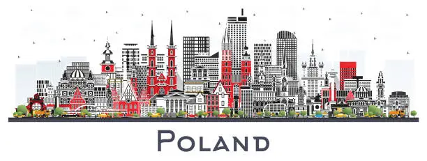 Vector illustration of Poland City Skyline with Gray Buildings isolated on white. Concept with Modern Architecture. Poland Cityscape with Landmarks. Warsaw. Krakow. Lodz. Wroclaw. Poznan.