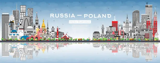 Vector illustration of Russia and Poland skyline with gray buildings, blue sky and reflections. Famous landmarks. Poland and Russia concept. Diplomatic relations between countries.