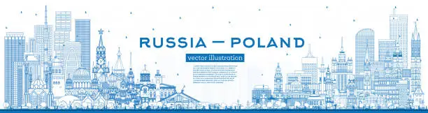 Vector illustration of Outline Russia and Poland skyline with blue buildings. Famous landmarks. Poland and Russia concept. Diplomatic relations between countries.