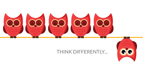 Think different funny idea concept. Unique minimal leader owl stand. Think differently leadership.