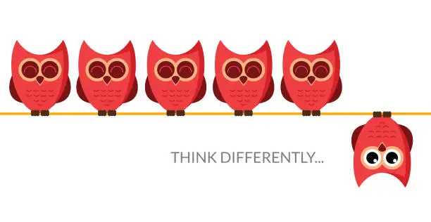 Vector illustration of Think different funny idea concept. Unique minimal leader owl stand. Think differently leadership