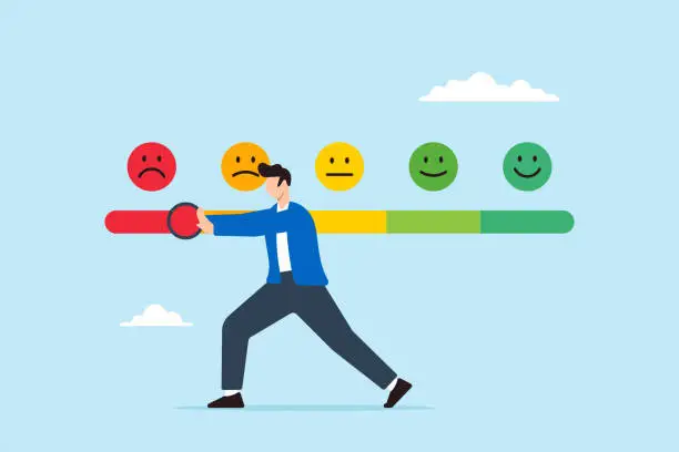 Vector illustration of Man trying to push customer feedback bar to dissatisfaction level