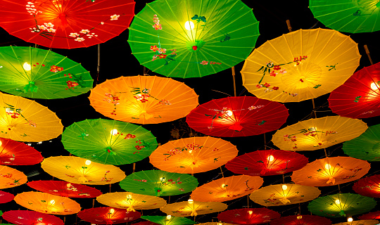 bright paper chinese umbrellas background. Dynamic advertising with burst of colorful umbrellas. lively image radiates excitement and is an ideal representation of thrilling aerial experiences