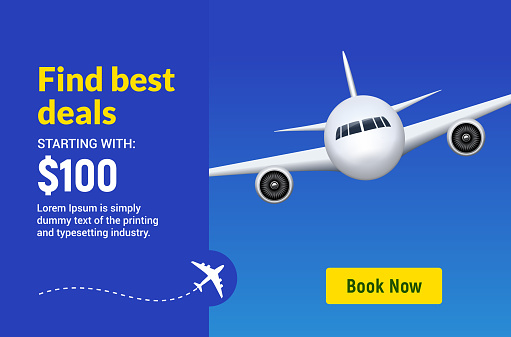 Flight travel trip banner for online booking. Vector Airplane ticket online sale design promo template.