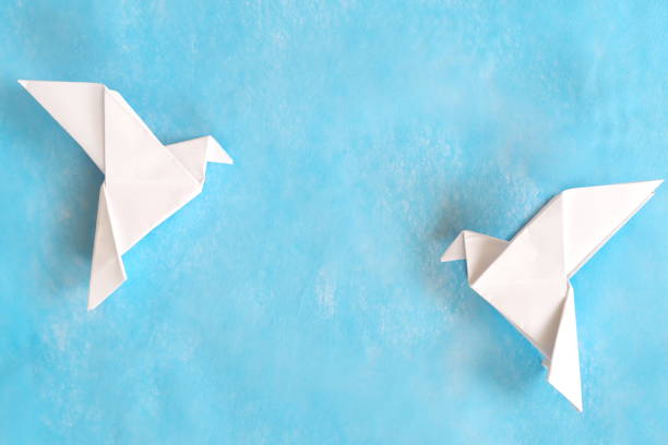 istock Two white dove paper cutout in blue background template with copy space. 2029376233