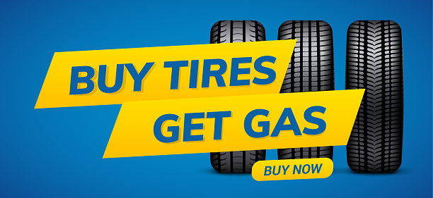 Buy tires get gas vector wheel banner flyer design. Tyre wheel advertising concept design.