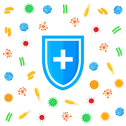 Immune bacteria system sign. Antibacterial virus sign. Immune protection antiseptic, anti desease immune icon.