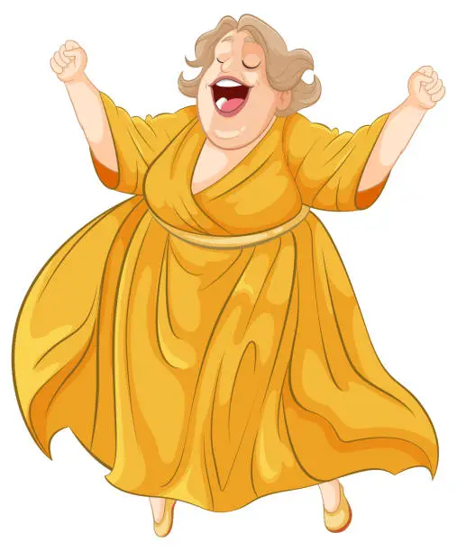 Vector illustration of An exuberant cartoon opera singer celebrating onstage.