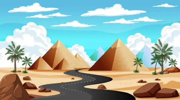Vector illustration of Winding road through a desert with pyramids and palms.