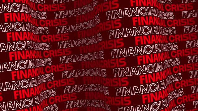 4K The word Financial Crisis. The banner is animated with red and white text