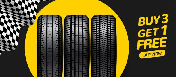 Vector illustration of Car tire sale banner, buy 3 get 1 free. Car tyre service flyer promo background. Tire sale advertising