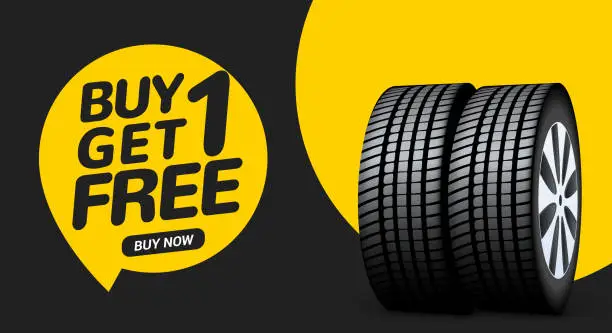 Vector illustration of Car tire sale banner, buy 1 get 1 free. Car tyre service flyer promo background. Tire sale advertising