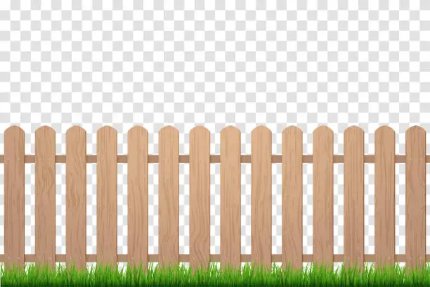 Vector illustration of Fence with grass. Wooden picket background isolated farm garden barier illustration