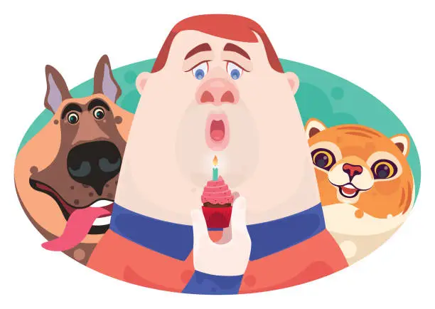 Vector illustration of lonely mid adult man holding cupcake with dog and cat