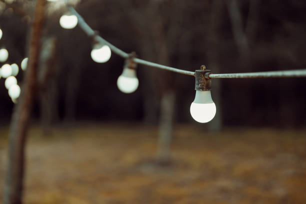 Patio String Lights Outdoor string lights hanging on a line in backyard