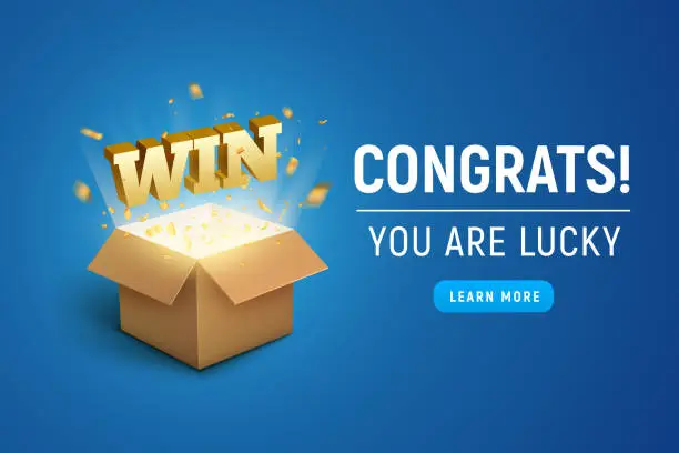 Vector illustration of Gift prize box lottery WIN text. Magic box present for winner, enter contest reward. Congratulations