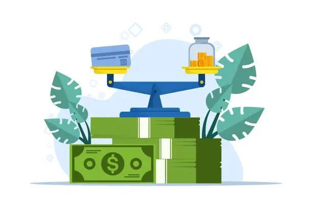 Vector illustration of Financial discipline, saving money or investment strategy, routine or practice of investing or building wealth or paying off debt concept, scales with banknotes with debit card and piggy bank.