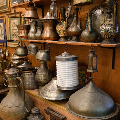 Antique store inIstanbul, Turkey. Vintage old pitchers and various other products.