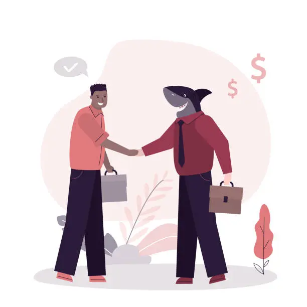 Vector illustration of Business shark shakes hands with newcomer. Sly man wants to deceive inexperienced businessman. Betrayal, deception in business and on stock. Unfavorable contract or agreement