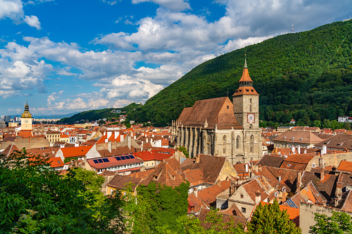 Panorana of the old city center of Brasov and Tampa Mountain, Romania