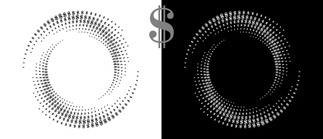 Modern abstract background. Halftone DOLLAR sign in spiral. Round logo. Design element or icon. Black shape on a white background and the same white shape on the black side.