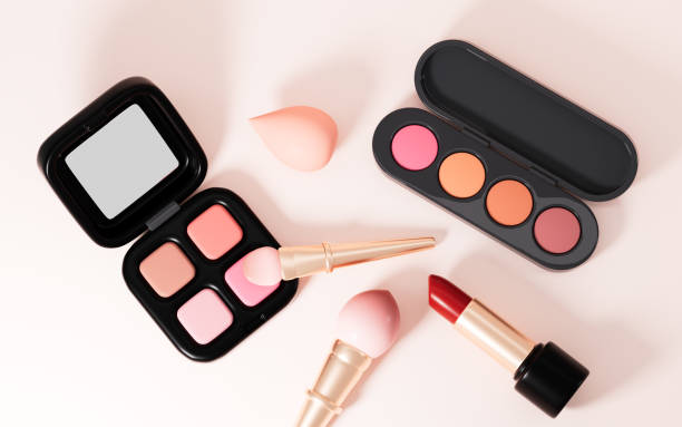istock Eyeshadow, mascara cream, lipstick, pressed powder, cheek color, cosmetics tools, 3d rendering. 2029516185