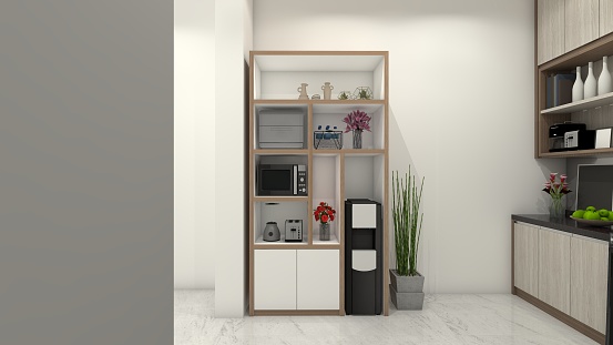 Minimalist shelving rack display and storage for kitchenware and water dispenser. Using wooden cabinet furnishing. Suitable for interior dining, pantry and kitchen.