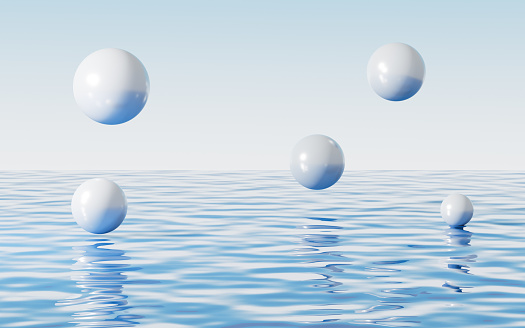 Abstract spheres on the water surface, 3d rendering. 3d illustration.