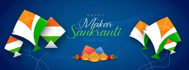 Vector illustration of Makar Sankranti banner. Pongal festival poster, flying kites background, Indian harvest in January, holy holiday of India vector illustration design