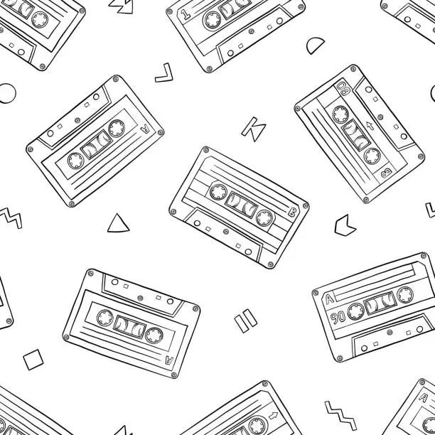 Vector illustration of Audio cassette tape doodle seamless pattern. Vector repeat pattern illustration.
