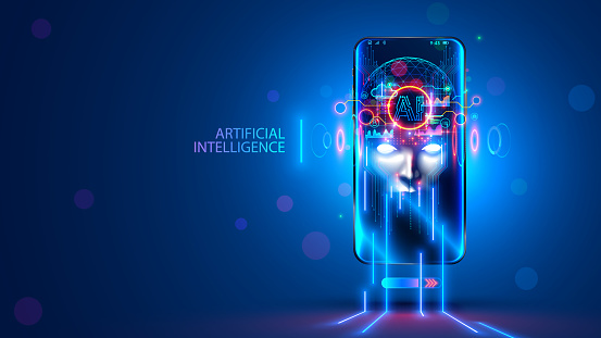 AI with scary face on screen phone. Head chat bot with lightning eyes. Bad Artificial Intelligence in image cyborg look at eyes. Malicious AI or computer ransomware virus taken over mobile phone.