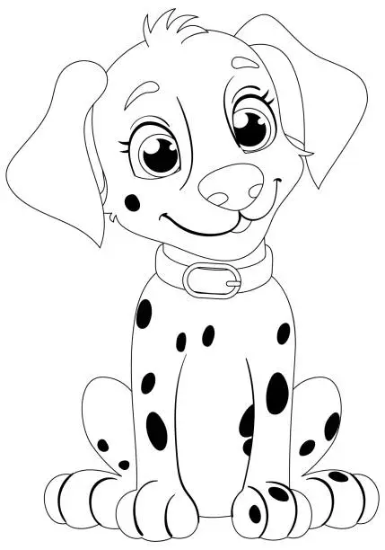 Vector illustration of Black and white drawing of a happy dalmatian puppy.