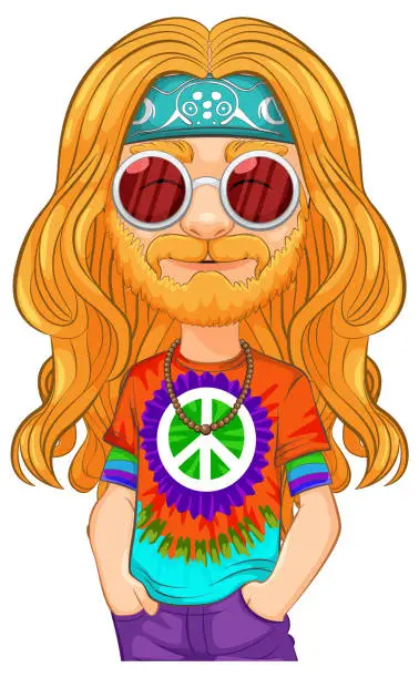 Vector illustration of Colorful hippie with peace sign and sunglasses.