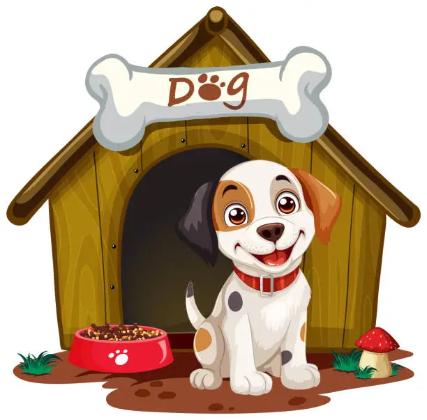 Vector illustration of Cheerful spotted puppy sitting by its kennel.