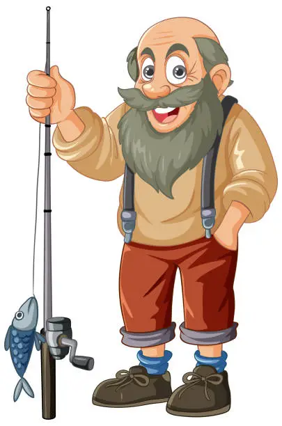 Vector illustration of Cheerful old fisherman holding a fishing rod.