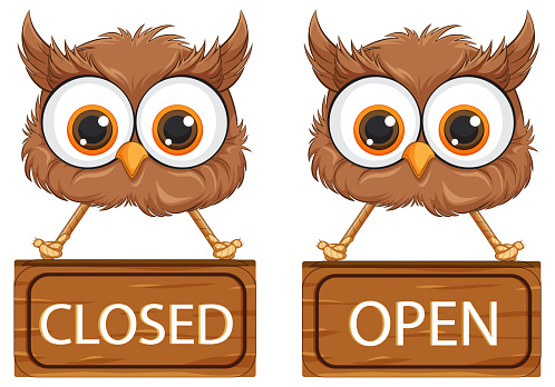 Two cartoon owls with signboards showing status