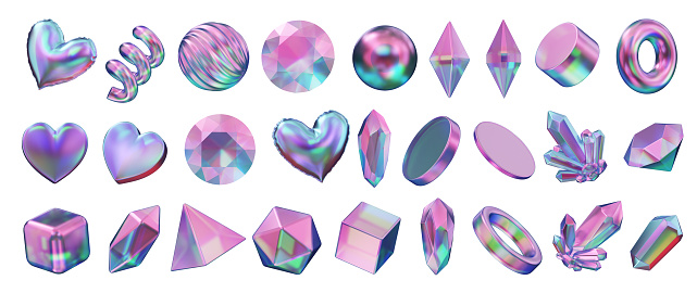 Heart and Gem holographic decoration set pack isolated background 3d rendering