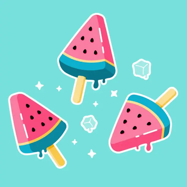 Vector illustration of Set of watermelon ice cream stickers. Fruit popsicle. Fruit ice on stick. Cute stars. Melting ice cubes. Bright summer cartoon prints in pink.